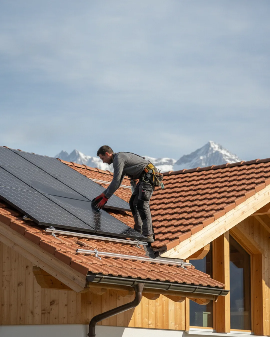 Panneaux solaires photovoltaïques installés sur une toiture en Suisse romande